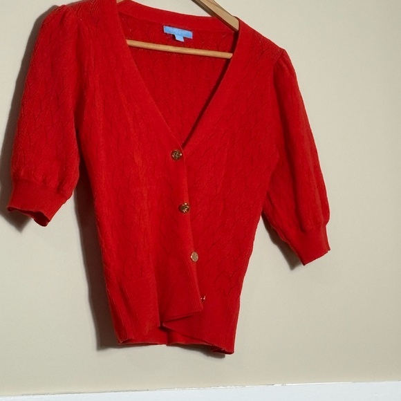 Draper James Red Puff Cardigan Cropped Knit Button Front Romantic Feminine SZ S - Picture 2 of 7